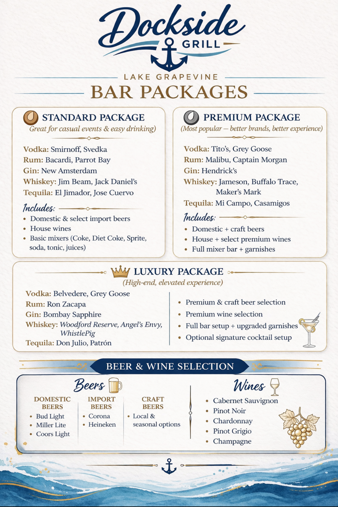 Dockside Grill bar packages menu with standard, premium, and luxury options.