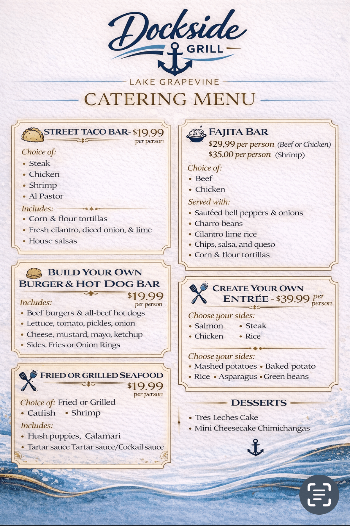 Catering menu for Dockside Grill, includes tacos, fajitas, seafood, burgers, and desserts.