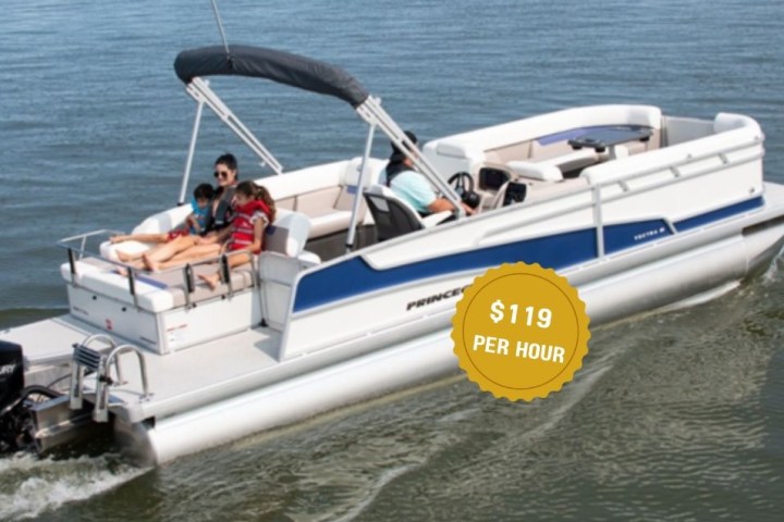 Family on a pontoon boat in water, with a rental rate of $119 per hour displayed.